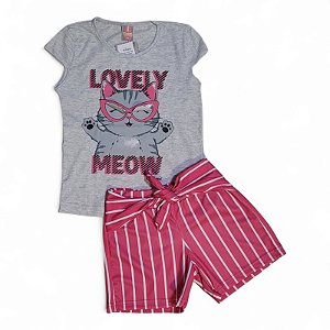 Conjunto feminino estampa interativa gatinha feliz