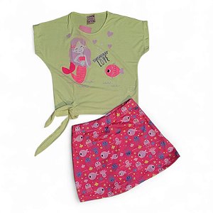 Conjunto feminino estampa interativa sereia e shorts saia