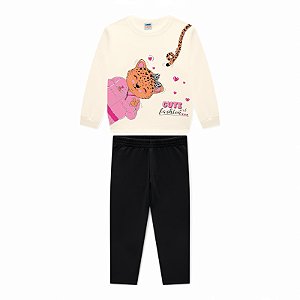 Conjunto moletom estampa oncinha cor marfim e legging preta