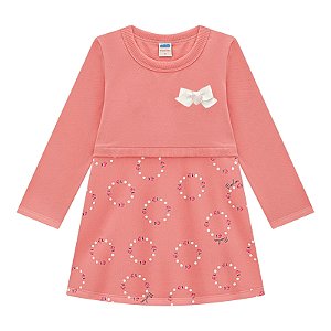 Vestido manga longa na cor rosa com laço off white