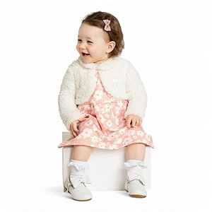 Vestido manga longa felpado estampa floral com aplicação de pelo sherpa