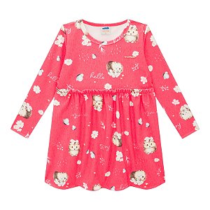 Vestido manga longa estampa jardim florido no fundo de cor rosa