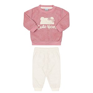Conjunto feminino em pelinhos na cor rosa estampa touquinha com lacinho