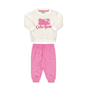 Conjunto feminino em pelinhos na cor marfim estampa touquinha com lacinho