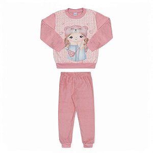 Conjunto em pelinhos estampa menininha com aplicações