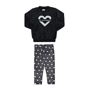 Conjunto feminino casaco e legging em pelinhos estampada corações