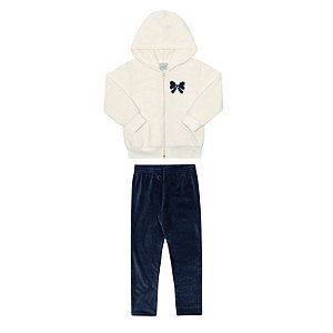 Conjunto com casaco aberto e legging em pelinhos com aplicação em lacinhos