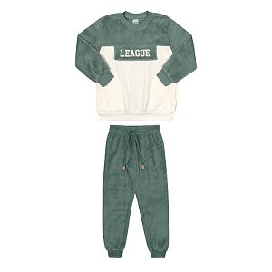 Conjunto masculino em pelinhos cor verde estampa League