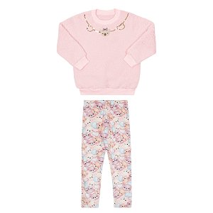 Conjunto feminino casaco em pelo alpaca e legging estampa ursinho