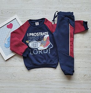 Conjunto masculino em moletom felpado com estampa de tênis