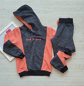 Conjunto masculino em moletom rajado na cor cinza chumbo  com detalhes na cor vermelha