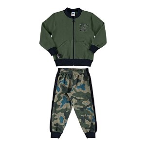 Conjunto em moletom felpado com calça estampa militar na cor verde musgo