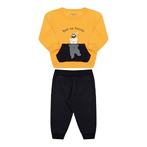 Conjunto em moletom felpado com estampa de ursinho e pinguim