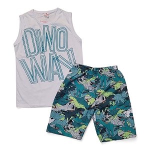 Conjunto masculino camiseta branca e shorts estampa dinossauros