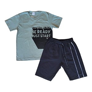Conjunto masculino camisa na cor cinza cromo e bermuda preta com detalhes