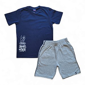 Conjunto masculino camisa azul marinho e bermuda cinza com detalhes