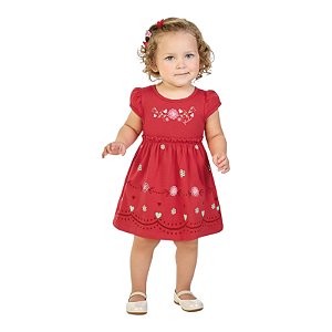 Vestido vermelho com detalhes em flores e corações