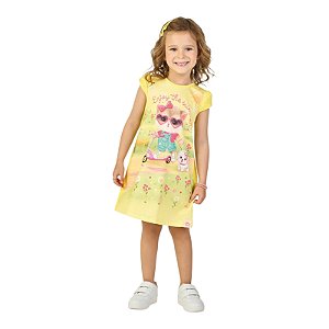 Vestido em cotton maquinetado na cor amarela estampa gatinha fashion
