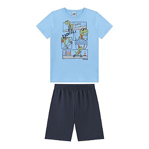 Conjunto masculino camisa azul cor do céu com estampa dinossauros radicais