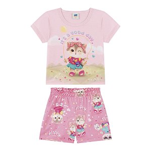 Conjunto feminino camisa rosa com estampa gatinha e shorts estampado