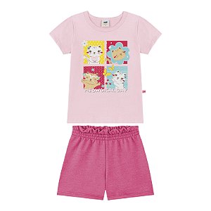 Conjunto feminino camisa na cor rosa estampa gatinhas