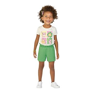 Conjunto feminino camisa off white com estampa gatinhas e shorts verde