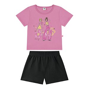 Conjunto feminino camisa na cor rosa estampa dançarinas
