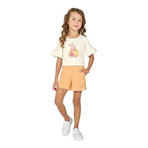 Conjunto feminino camisa na cor off white com estampa salada de frutas