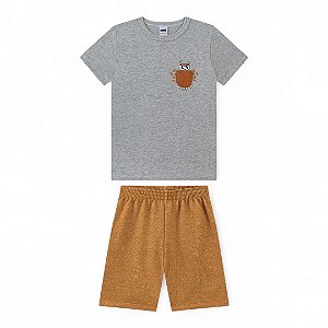 Conjunto camisa cinza mescla e bermuda marrom terroso