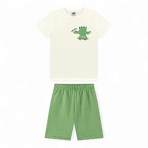 Conjunto camisa off white estampa dino e bermuda verde