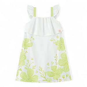 Vestido em cotton maquinetado na cor branca com detalhes em verde