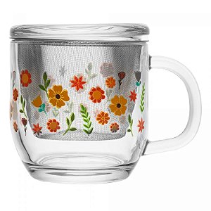CANECA EM VIDRO COM INFUSOR E TAMPA PRIMAVERA | 330ml - Lyor