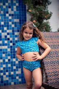 Biquíni Infantil Duda Cropped Hot Pants Ondas Azul San Maré