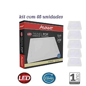 Kit 5 Paineis Paflon Led Sobrepor 30x30 Quadrado 24w 1°linha