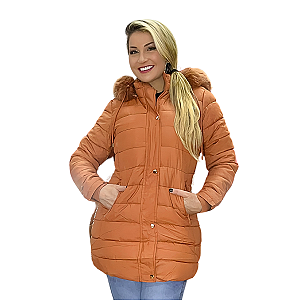 Jaqueta Comprida De Nylon Alongada Parka Quentinha Forrada Terracota