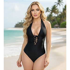 Maio Feminino Exclusivo Decote Trançado Tecido Canelado Luxo Preto