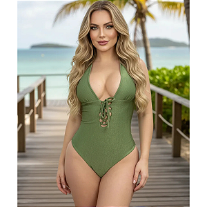 Maio Feminino Exclusivo Decote Trançado Tecido Canelado Luxo Verde Militar