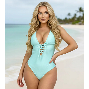 Maio Feminino Exclusivo Decote Trançado Tecido Canelado Luxo Verde Agua