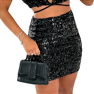 Saia Paetê Balada Feminina Cintura Alta Blogueira Balada Preto