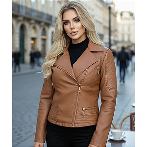 Jaqueta Courino Sintético Feminina Forrada Com Pelos Quente Marrom