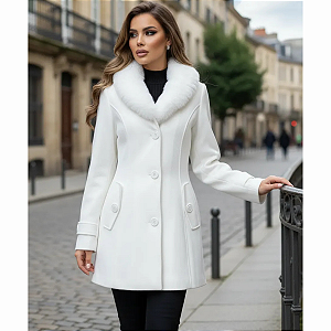 Sobretudo Lã Batida Forrado com Pelo Pele na Gola Casaco Top Branco