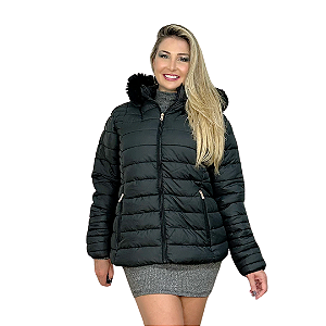 Jaqueta Feminina Plus Size De Nylon Puffer Capuz Impermeavel Preto