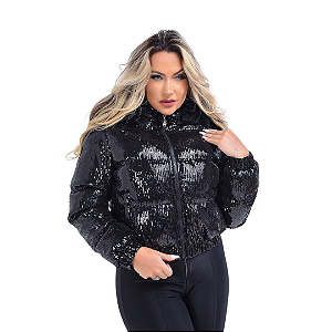 Jaqueta Puffer Feminina Paetê Moda Feminina Noite Luxuosa Preto