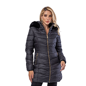 Jaqueta Alongada Parka Peluciada Acinturada Forrada Frio Preto