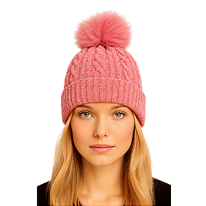 Gorro Touca de Lã Tricot Forrada co Pelúcia Fofinha Linda Rosa