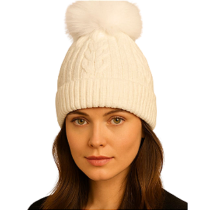 Gorro Touca de Lã Tricot Forrada co Pelúcia Fofinha Linda Off White