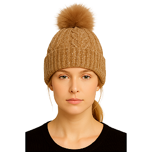 Gorro Touca de Lã Tricot Forrada co Pelúcia Fofinha Linda Marrom Claro