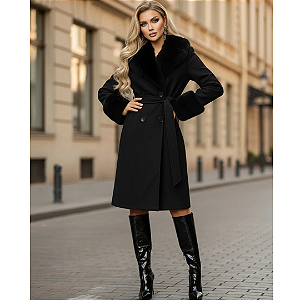 Sobretudo Lã Batida Feminino Luxuoso Gola de Pelo e Punhos Preto