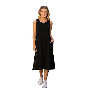 Vestido Midi Preto Confortável Feminino Com Bolsos Casual