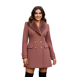 Casaco Feminino Com Corte Acinturado  E Gola Pelo Luxuosa Marrom Rosê